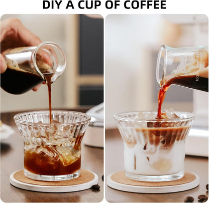 Bincoo Glass Iced Coffee Cups Set - 7oz Reusable Ribbed Glass Tumblers,Vintage Glassware for Wine, Juice, Cocktails, Water, Iced Coffee, Whiskey, Set of 2