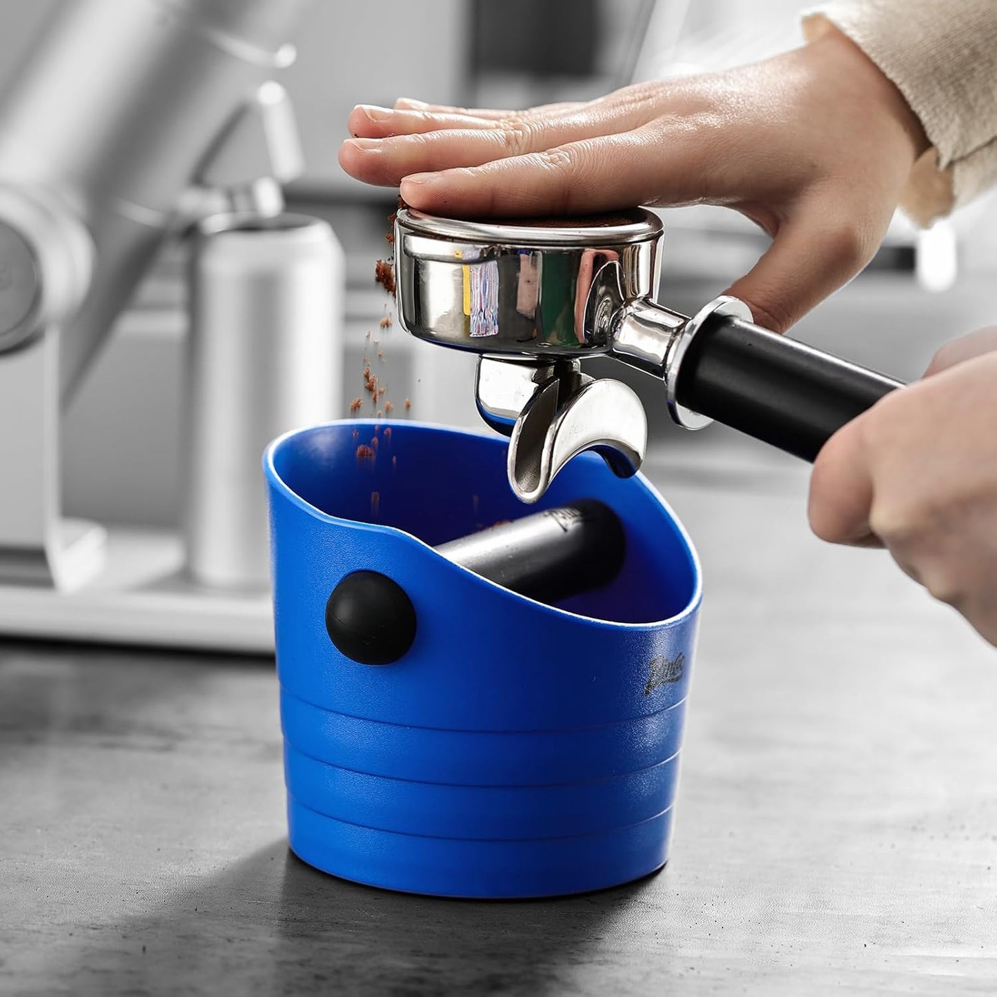 Small Espresso Knock Box, 0.5L Coffee Ground Knock Box,Blue Espresso Puck Knock Box with Removable Knock Bar and Non-Slip Base
