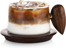 Bincoo Glass Coffee Cups and Saucers Set,250ML Clear Glass Iced Coffee Mug Espresso Cup Tea Cup with Walnut Coaster and Handle (Clear)