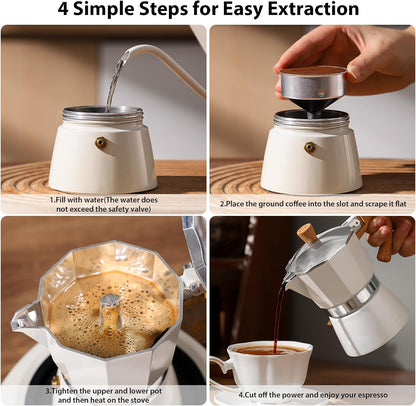 Bincoo Espresso Maker Stovetop,Camping Moka Pot 2 Cup/120ML,Stove Top Espresso Italian Coffee Maker,Easy to Use (White)