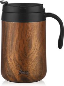 Bincoo Insulated Coffee Mug with Lid & Handle, Lightweight Camp Wood Coffee Mug, Hot and Cold Thermal Coffee Tumbler, 16oz Spill Proof for Pure Tasting Coffee, Tea, and Hot Cocoa, Teakwood
