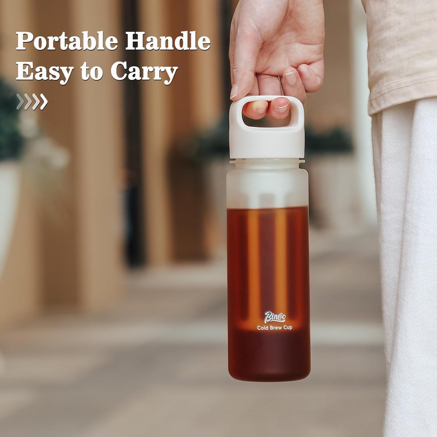 Bincoo GYKF2194 Cold Brew Coffee Maker 15oz, Iced Coffee Maker with Fine Mesh Filter,Cold Brew Travel Cup,Leakproof and Portable Lid (White)