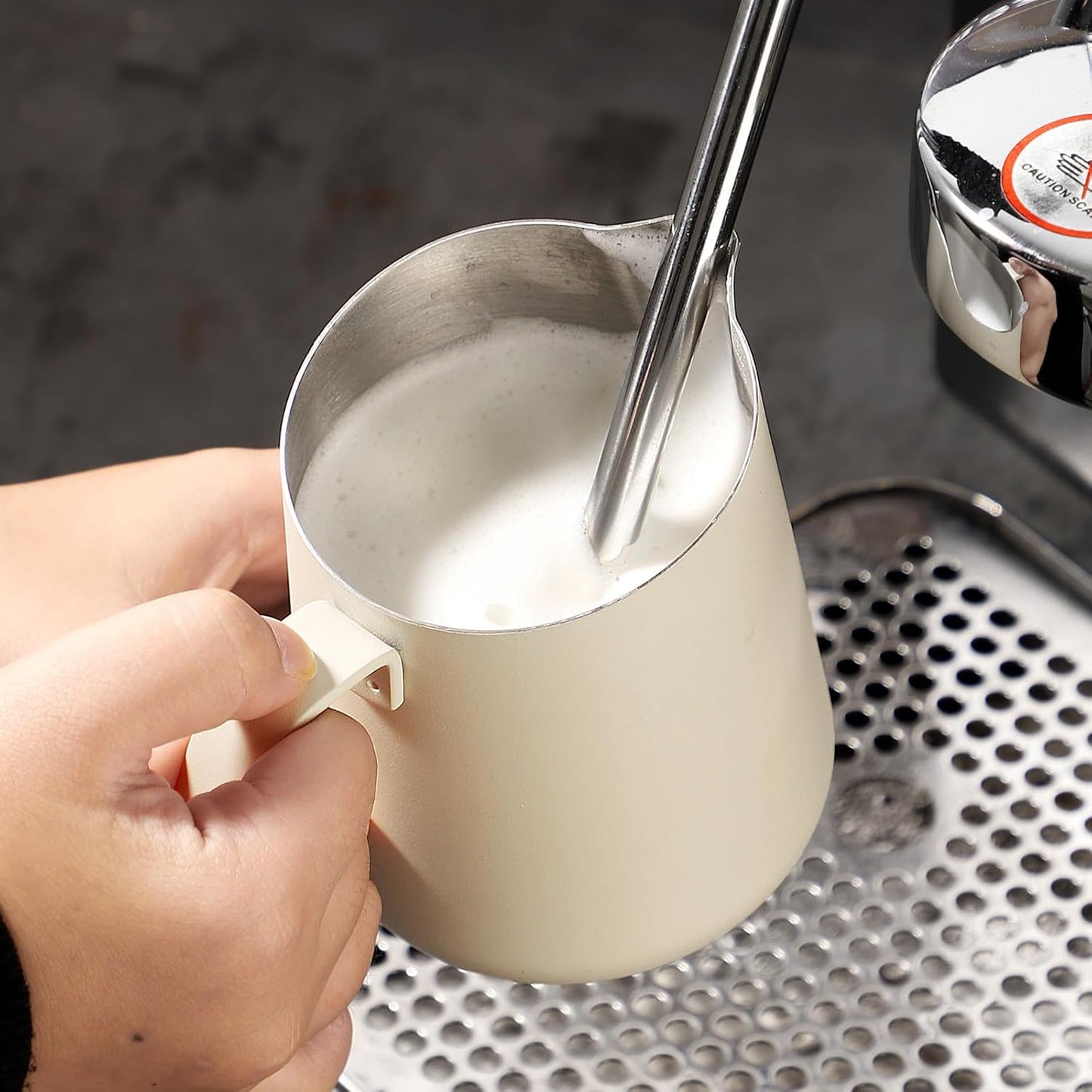 Milk Frothing Pitcher 500ML - Espresso Steaming Pitcher with Large Handle and Scale,Stainless Steel Milk Frothing Cup for Cappuccino, Latte Art,Coffee Machine Accessories (White)