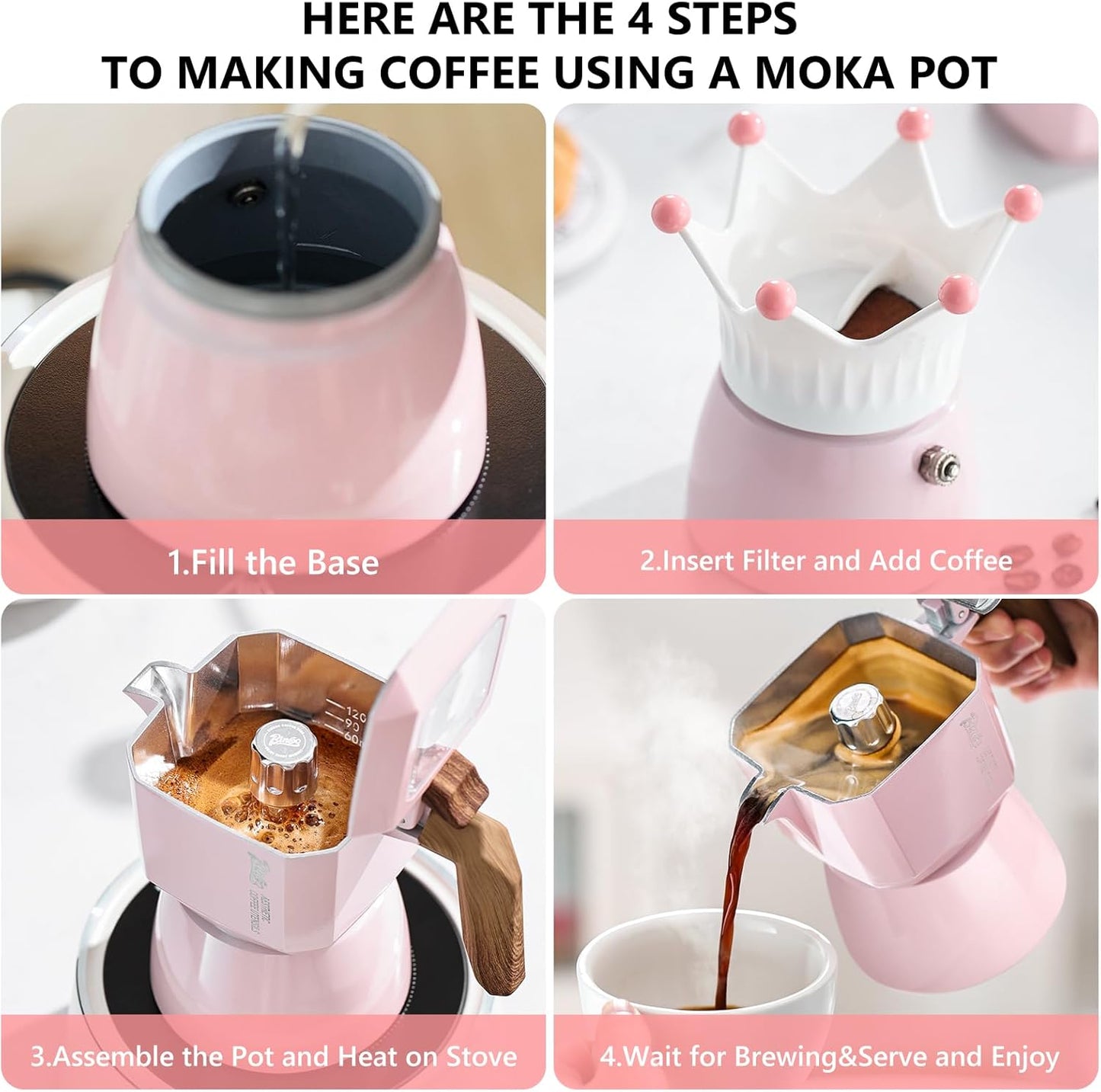 Bincoo Pink Espresso Maker Stovetop, Moka Coffee Pot for Electric Stovetop 2 Cups, Italian Espresso Coffee maker for Cappuccino or Latte,120ml Pink Espresso Machine