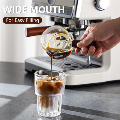 Espresso Shot Glasses with Wood Handle - 120ml Glass Coffee Bean Dosing Cup with Dual Spout,Clear Espresso Measuring Cup Glass for Barista Coffee Measure