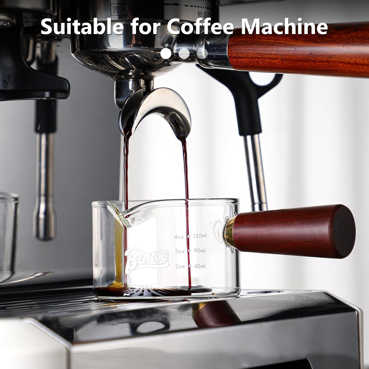 Espresso Shot Glasses with Wood Handle - 120ml Glass Coffee Bean Dosing Cup with Dual Spout,Clear Espresso Measuring Cup Glass for Barista Coffee Measure