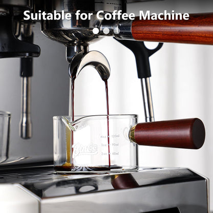 Espresso Shot Glasses with Wood Handle - 120ml Glass Coffee Bean Dosing Cup with Dual Spout,Clear Espresso Measuring Cup Glass for Barista Coffee Measure