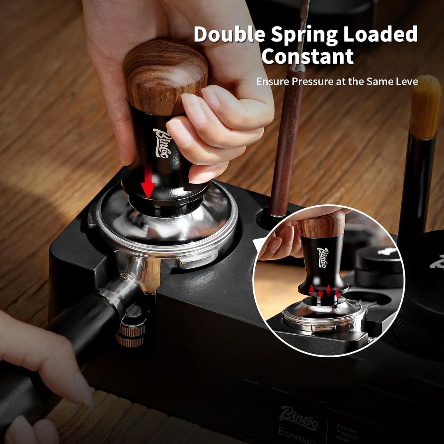 58mm Espresso Coffee Tamper - Coffee Tamper with Calibrated Spring Loaded, Espresso Hand Tamper, Flat Stainless Steel Base Espresso Accessories, Adjustable Depth, Wood