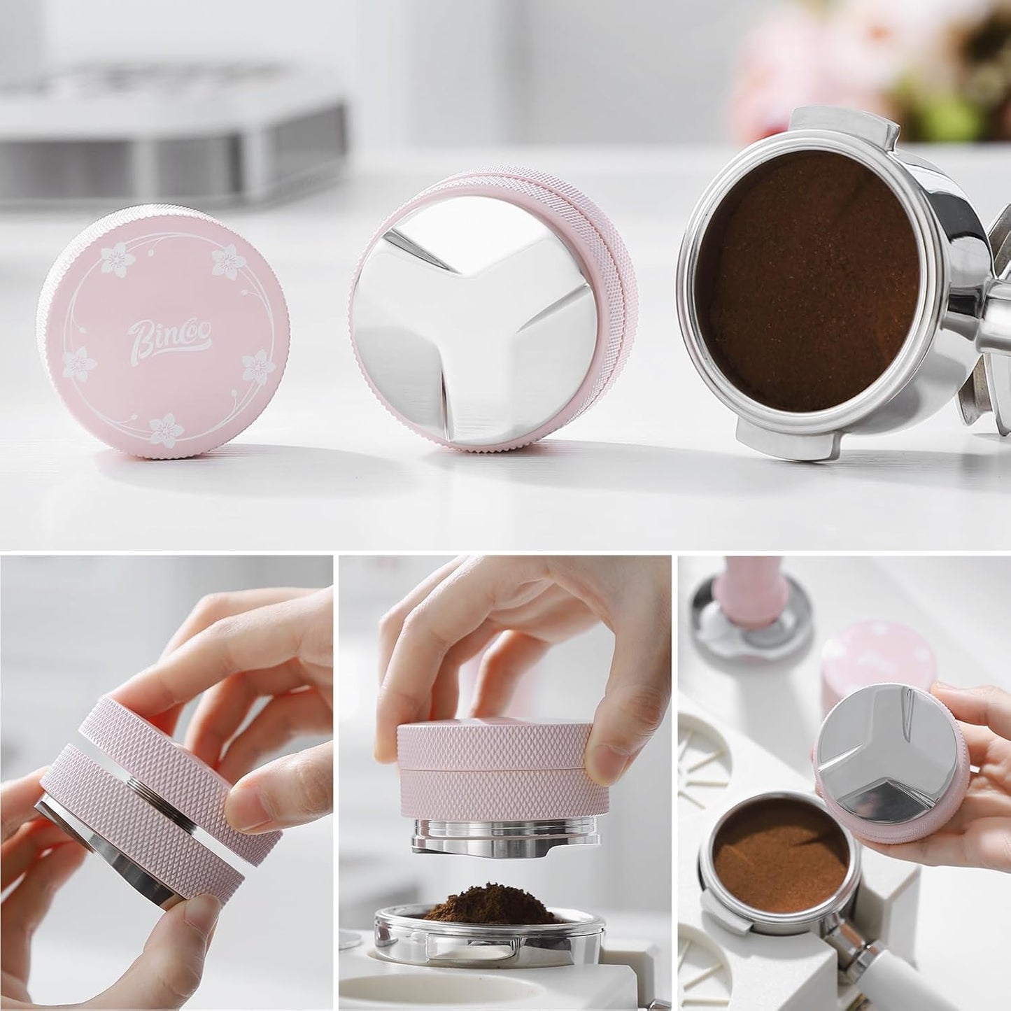 Pink 58mm Coffee Distributor & Tamper, Espresso Hand Tamper Tool Fits 58mm Portafilters, Adjustable Depth Coffee Tamper and Leveler
