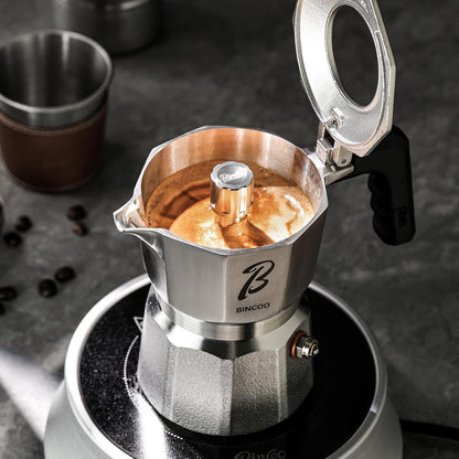 Bincoo Italian Moka Pot - Stovetop Espresso Maker for Rich Coffee,316 Stainless Steel - Three-Valve Pressure Boosting Design (Silver 02)
