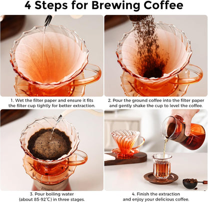 Bincoo Pour Over Coffee Maker Set - 500ML Glass Coffee Server,Glass Carafe with Coffee Dripper and 50PCS Paper Filter, Drip Coffee Maker Set for Home Café Restaurant (Orange)