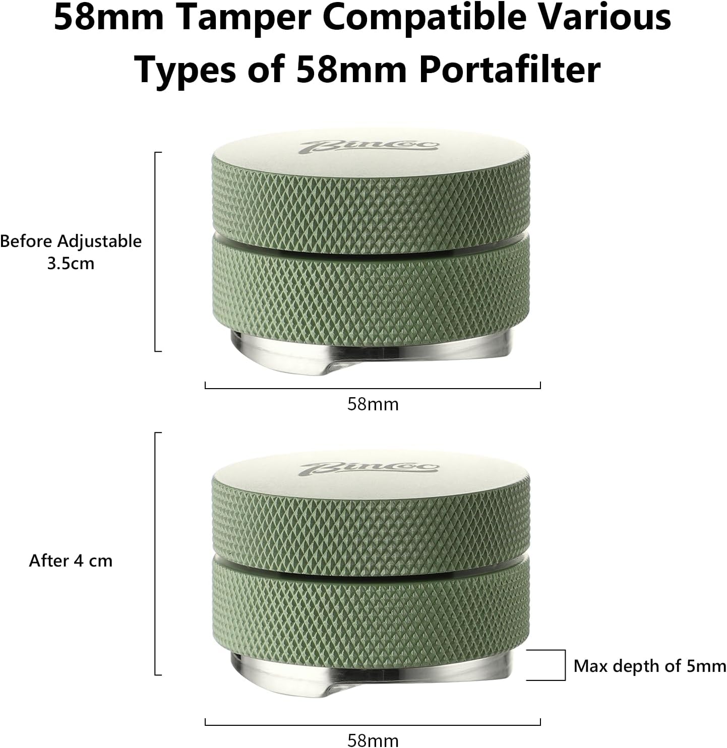 Green 58mm Coffee Distributor & Tamper, Espresso Hand Tamper Tool Fits 58mm Portafilters, Adjustable Depth Coffee Tamper and Leveler