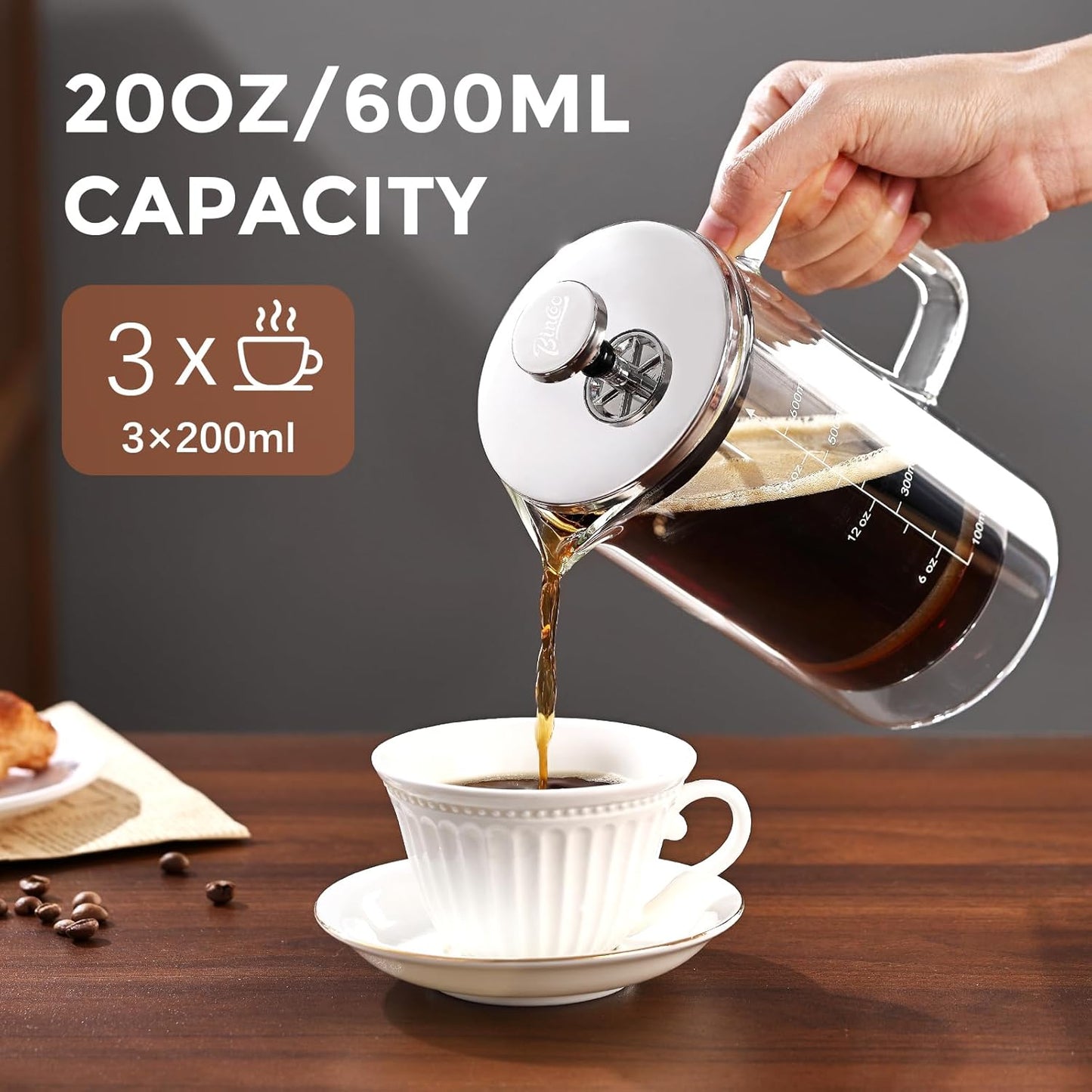 Bincoo French Press Coffee Maker 600ML - Single Layer Borolicate Glass Travel Coffee Press,Tea and Frothed Milk Press, Easy to Use