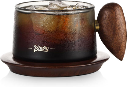 Bincoo Glass Coffee Cups and Saucers Set,250ML Clear Glass Iced Coffee Mug Espresso Cup Tea Cup with Walnut Coaster and Handle (Clear)