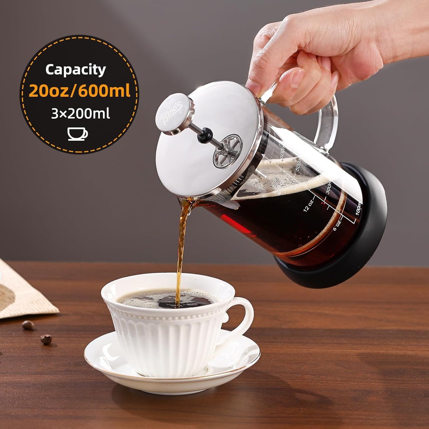 Bincoo French Press Coffee Maker 600ML - Single Layer Borolicate Glass Travel Coffee Press,Tea and Frothed Milk Press, Easy to Use