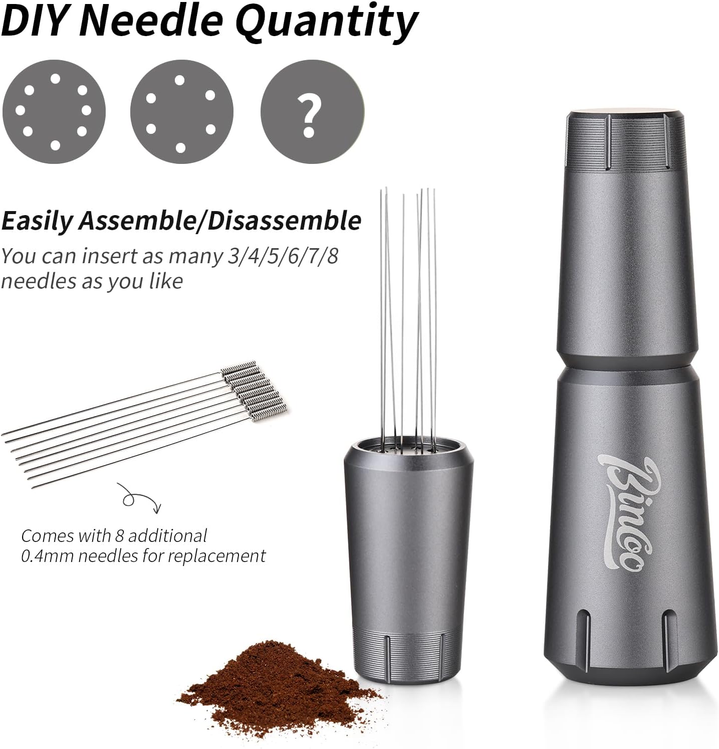 Espresso WDT Tool with Stand - Espresso Coffee Stirrer,Espresso Distribution Tools with Extra 8 Replaceable Needles 0.4mm, Aluminum Alloy Handle (Gray)