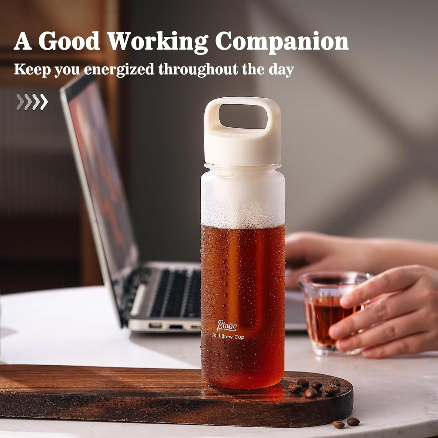 Bincoo GYKF2194 Cold Brew Coffee Maker 15oz, Iced Coffee Maker with Fine Mesh Filter,Cold Brew Travel Cup,Leakproof and Portable Lid (White)