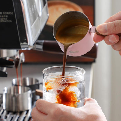 Bincoo GYKF2244 Espresso Shot Cup with Wood Handle,100ML Stainless Steel Espresso Measuring Cup Pouring Cup for Coffee Machine, Home, Barista