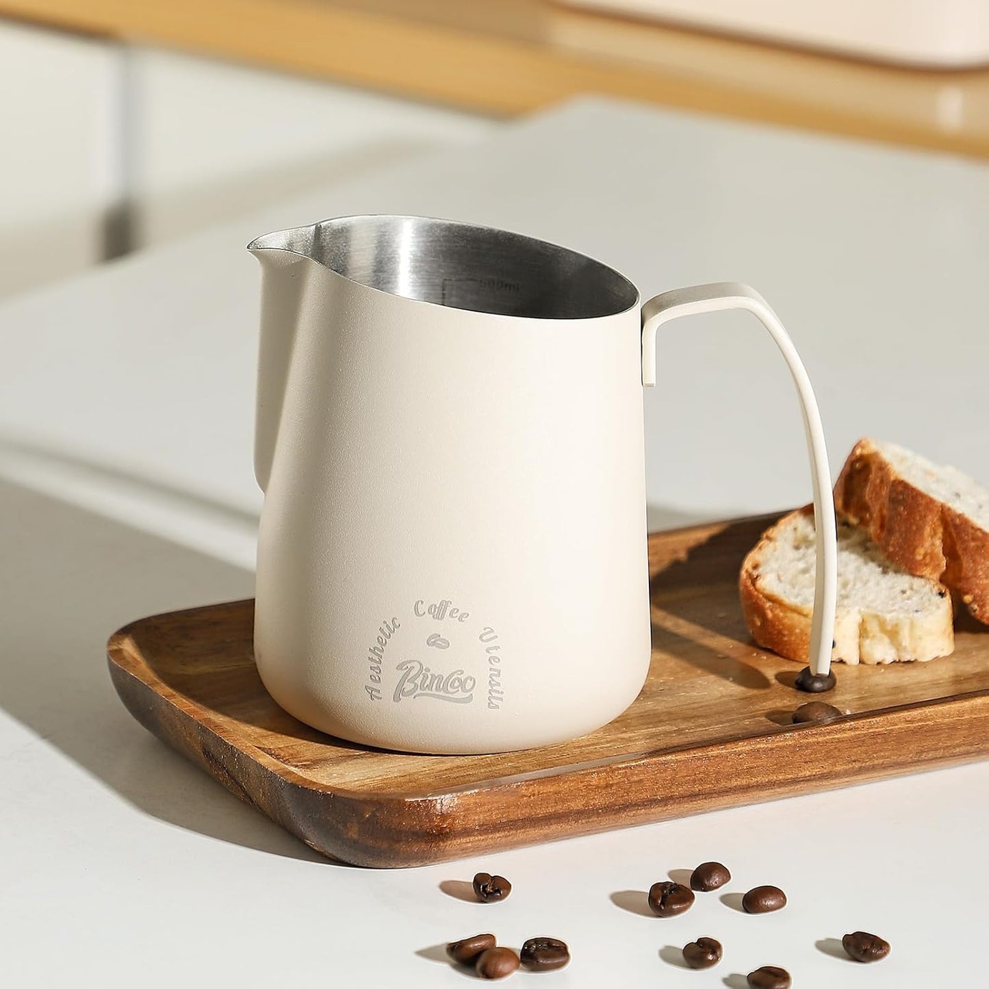 Milk Frothing Pitcher 500ML - Espresso Steaming Pitcher with Large Handle and Scale,Stainless Steel Milk Frothing Cup for Cappuccino, Latte Art,Coffee Machine Accessories (White)