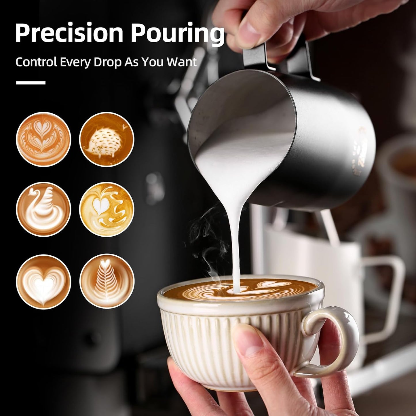 Milk Frothing Pitcher, 20OZ/600ML Stainless Steel Espresso Steaming Pitcher Coffee Milk Frother Cup with Handle and Scale (Black)