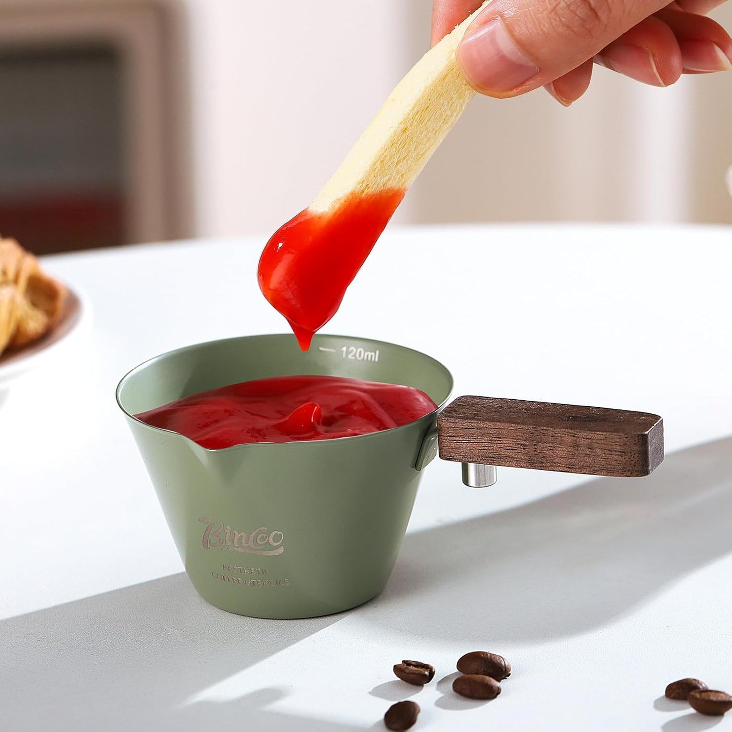 Green Espresso Shot Cup Set of 2,Stainless Steel Espresso Measuring Cup with Wood Handle,120ML Espresoo Coffee Pouring Cup,2 Pack