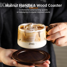 Bincoo Glass Coffee Cups and Saucers Set,250ML Clear Glass Iced Coffee Mug Espresso Cup Tea Cup with Walnut Coaster and Handle (Clear)