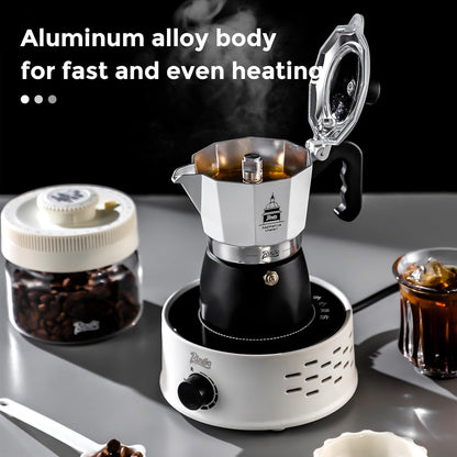 Bincoo Stovetop Espresso Maker,Classic Aluminum Italian Coffee Maker,2Cups Moka Pot for Italian and Cuban Café Brewing, Double Valve Extraction (White-Black, 2 Cups)