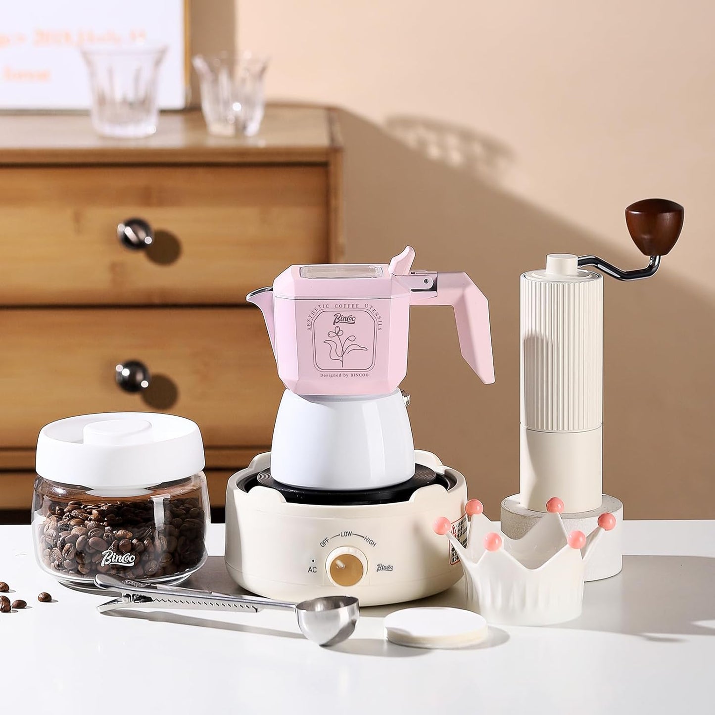 Pink Espresso Maker Stovetop, 2 Cups Moka Pot Italian Espresso Coffee Maker for Gas or Electric Ceramic Stovetop, 120ml Italian Coffee Maker for Cappuccino or Latte (Pink)