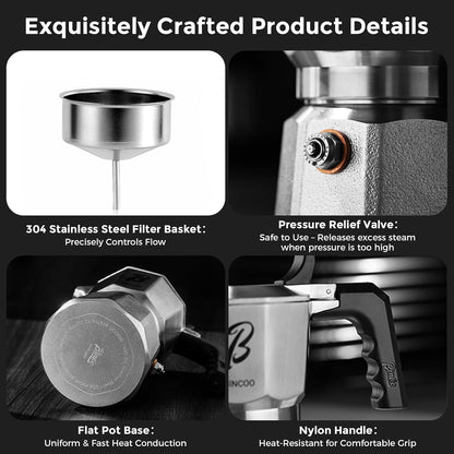 Bincoo Italian Moka Pot - Stovetop Espresso Maker for Rich Coffee,316 Stainless Steel - Three-Valve Pressure Boosting Design (Silver 02)