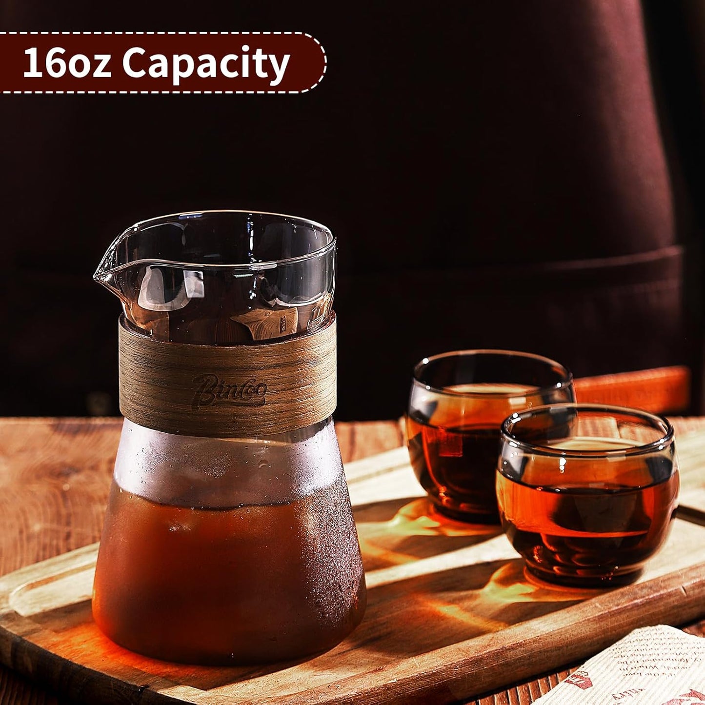 Bincoo 16oz Glass Coffee Carafe with Wood Heat-Resistant Layer, Coffee Decanter Coffee Server for Pour Over, Coffee Pot, Clear