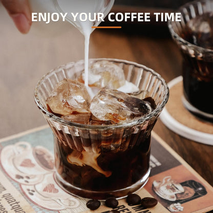 Bincoo Glass Iced Coffee Cups Set - 7oz Reusable Ribbed Glass Tumblers,Vintage Glassware for Wine, Juice, Cocktails, Water, Iced Coffee, Whiskey, Set of 2