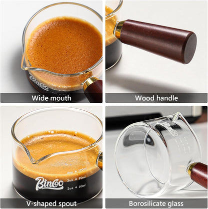 Espresso Shot Glasses with Wood Handle - 120ml Glass Coffee Bean Dosing Cup with Dual Spout,Clear Espresso Measuring Cup Glass for Barista Coffee Measure