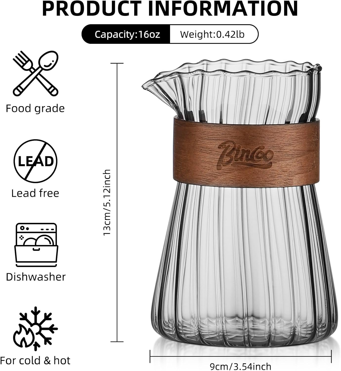 Small Glass Coffee Server Set of 2 - Manual Pour Over Coffee Maker 16oz, Borosilicate Glass Coffee Carafe with Heat-Resistant Wood Ring,2 Pack
