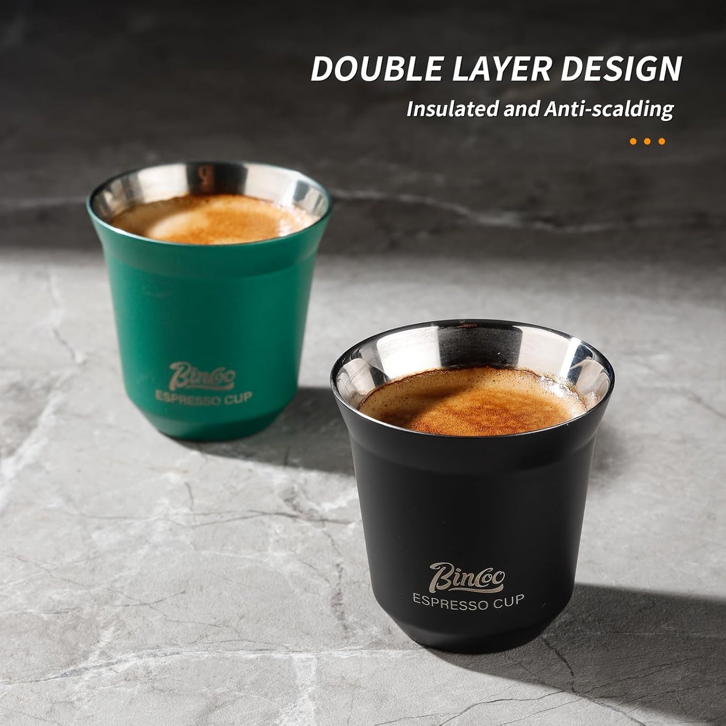 Bincoo Stainless Steel Espresso Shot Cups,2 Pack Stackable Double Wall Insulated Demitasse Cups Espresso Cup,Set of 2