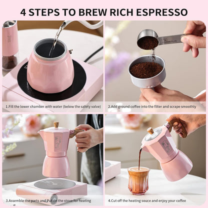 Bincoo Pink Espresso Maker Stovetop - Classic Aluminum Italian Coffee Maker,4 Cups Moka Pot for Italian and Cuban Café Brewing, Double Valve Extraction (Pink, 4 Cups)