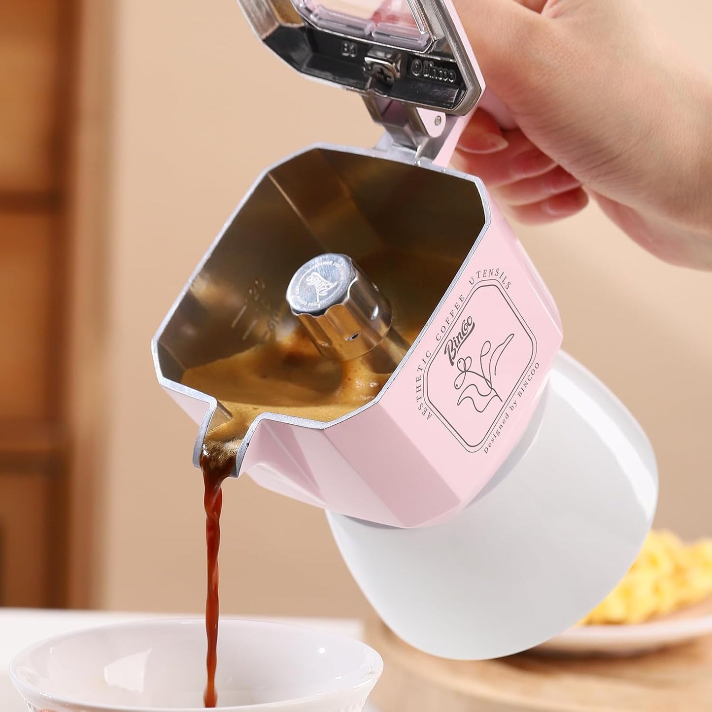 Pink Espresso Maker Stovetop, 2 Cups Moka Pot Italian Espresso Coffee Maker for Gas or Electric Ceramic Stovetop, 120ml Italian Coffee Maker for Cappuccino or Latte (Pink)