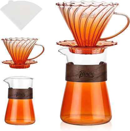 Bincoo Pour Over Coffee Maker Set - 500ML Glass Coffee Server,Glass Carafe with Coffee Dripper and 50PCS Paper Filter, Drip Coffee Maker Set for Home Café Restaurant (Orange)