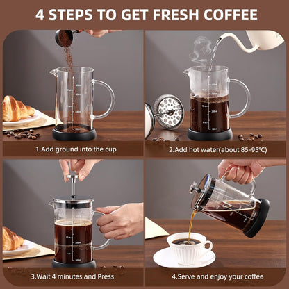 Bincoo French Press Coffee Maker 600ML - Single Layer Borolicate Glass Travel Coffee Press,Tea and Frothed Milk Press, Easy to Use