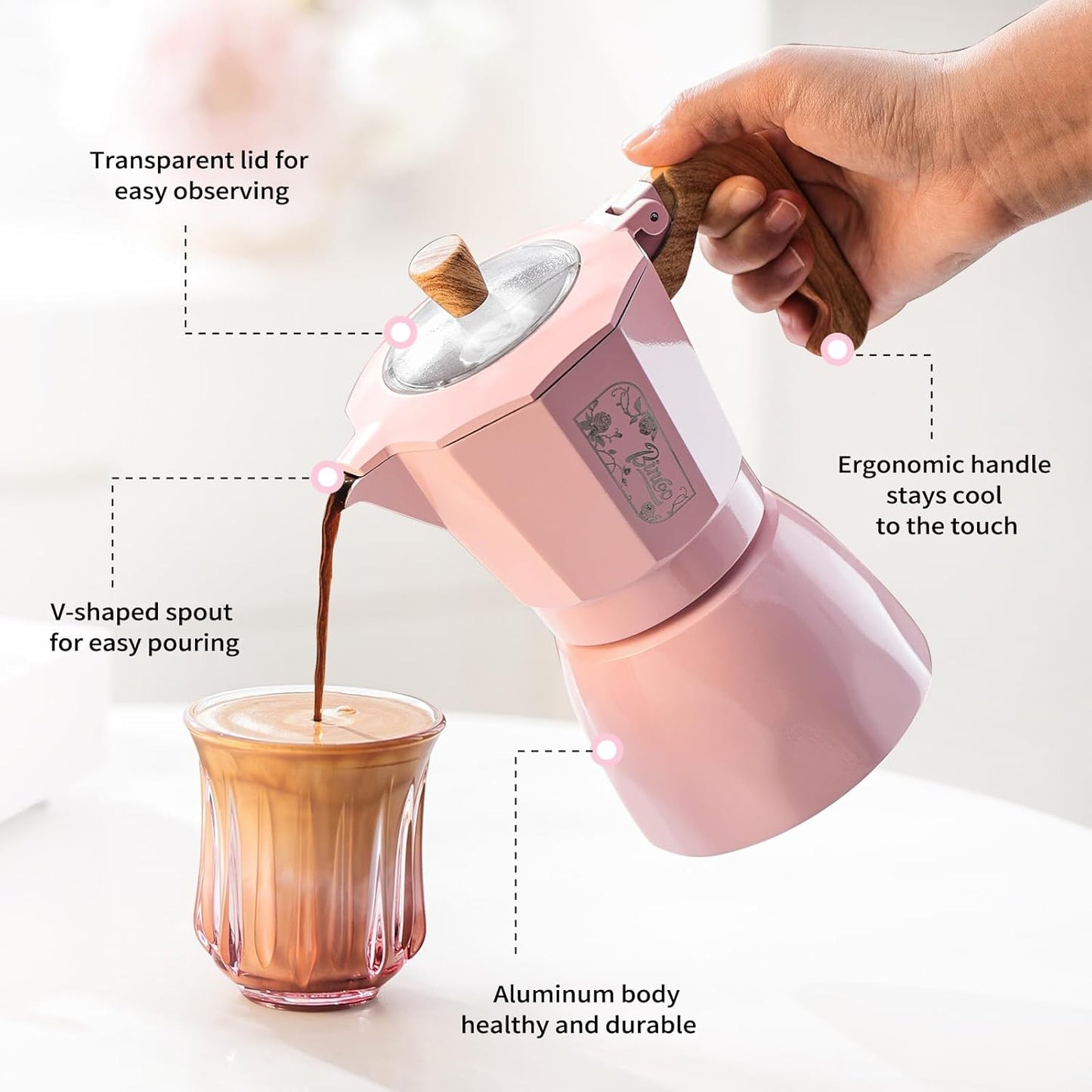 Bincoo Pink Espresso Maker Stovetop - Classic Aluminum Italian Coffee Maker,4 Cups Moka Pot for Italian and Cuban Café Brewing, Double Valve Extraction (Pink, 4 Cups)