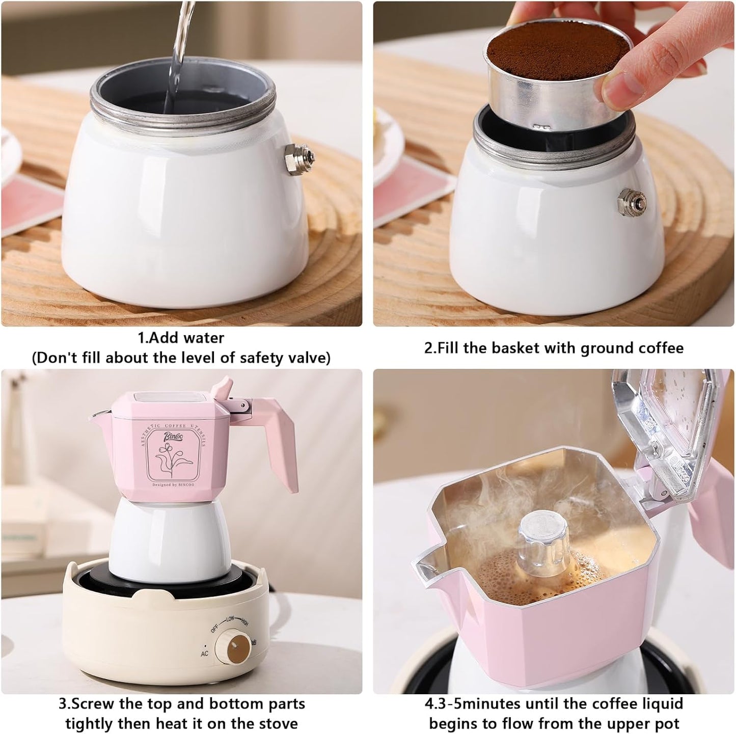 Pink Espresso Maker Stovetop, 2 Cups Moka Pot Italian Espresso Coffee Maker for Gas or Electric Ceramic Stovetop, 120ml Italian Coffee Maker for Cappuccino or Latte (Pink)