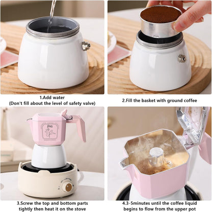 Pink Espresso Maker Stovetop, 2 Cups Moka Pot Italian Espresso Coffee Maker for Gas or Electric Ceramic Stovetop, 120ml Italian Coffee Maker for Cappuccino or Latte (Pink)