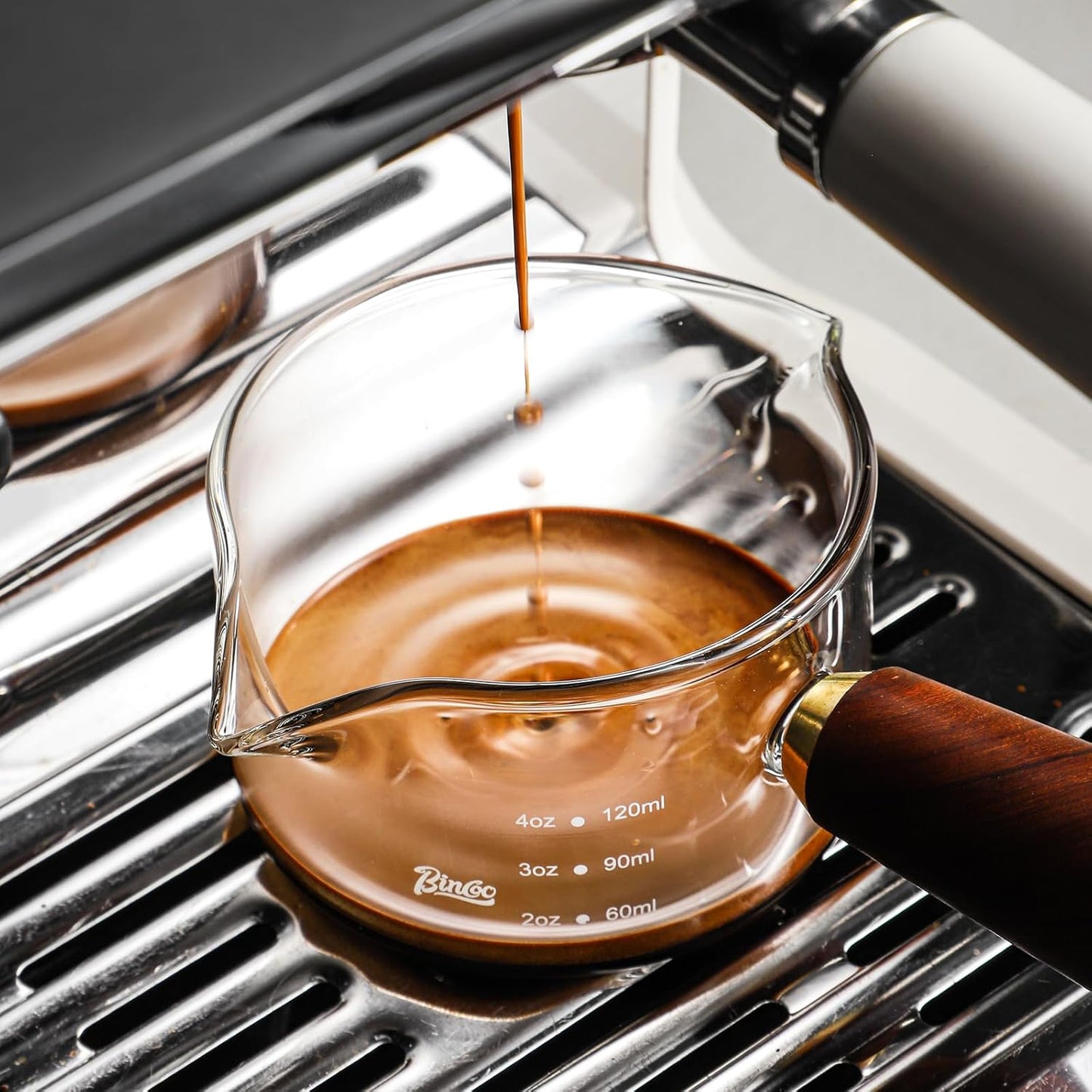Espresso Shot Glasses with Wood Handle - 120ml Glass Coffee Bean Dosing Cup with Dual Spout,Clear Espresso Measuring Cup Glass for Barista Coffee Measure