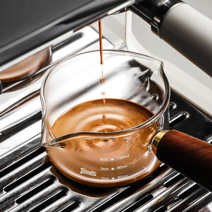 Espresso Shot Glasses with Wood Handle, 120ml Glass Coffee Bean Dosing Cup with Spout,Clear Espresso Measuring Cup Glass for Barista Coffee Measure (Single Spout)