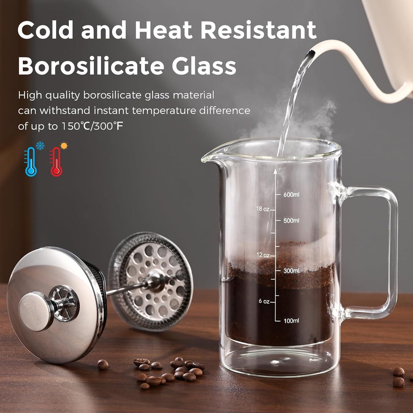 Bincoo French Press Coffee Maker 600ML - Single Layer Borolicate Glass Travel Coffee Press,Tea and Frothed Milk Press, Easy to Use