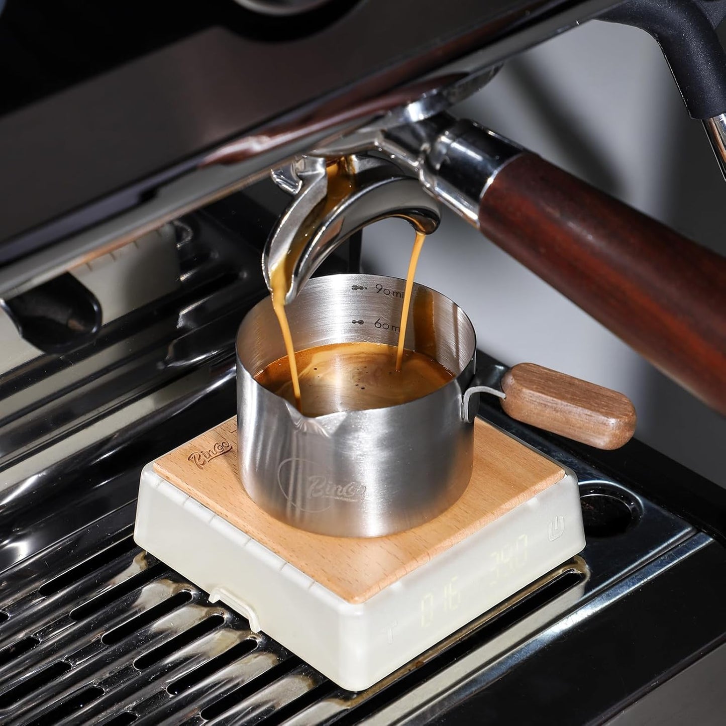Bincoo GYKF2244 Espresso Shot Cup with Wood Handle,100ML Stainless Steel Espresso Measuring Cup Pouring Cup for Coffee Machine, Home, Barista