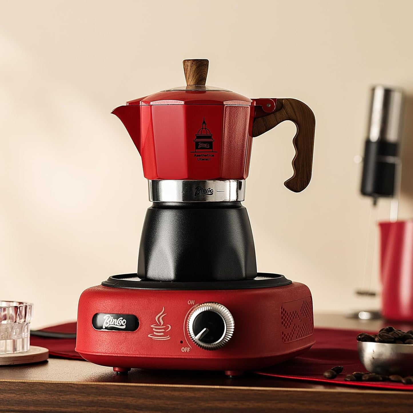 Stovetop Espresso Maker,Classic Aluminum Italian Coffee Maker,2Cups Moka Pot for Italian and Cuban Café Brewing, Double Valve Extraction (Red Black, 2 Cups)