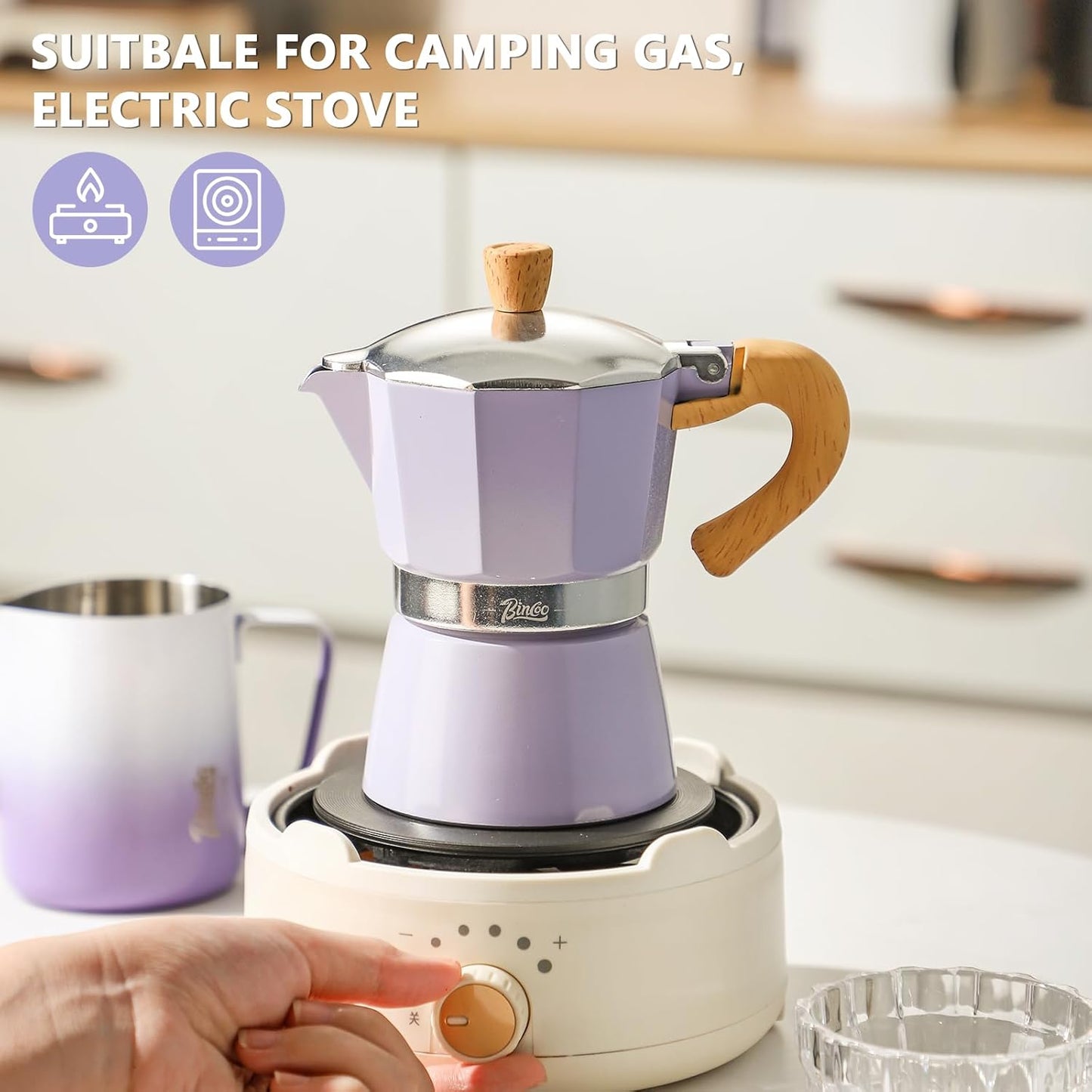 Bincoo Espresso Maker Stovetop,Camping Moka Pot 2 Cup/120ML,Stove Top Espresso Italian Coffee Maker,Easy to Use (White)
