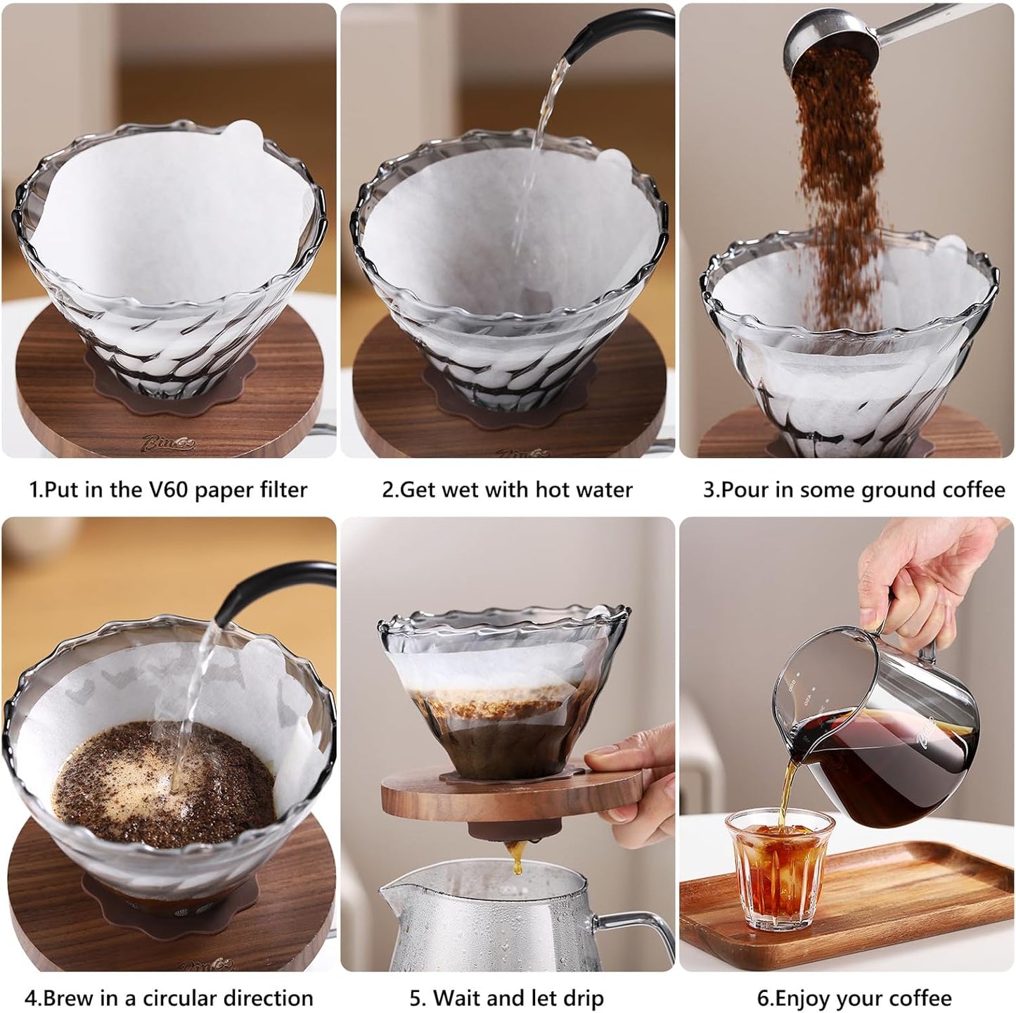 Bincoo Pour Over Coffee Maker Set - 600ML Glass Drip Coffee Pot,Coffee Server Set with Glass Dripper and 50PCS Paper Filter