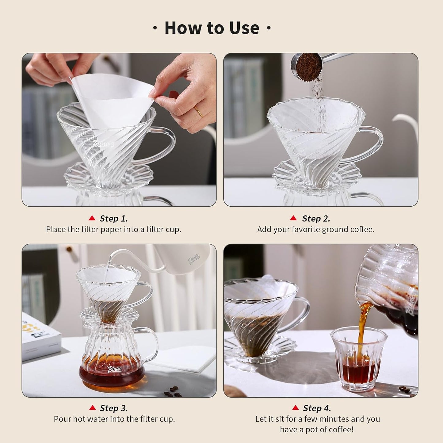 Bincoo Coffee Dripper,with 40 coffee filters Resuable Pour Over Coffee Maker With Handle, Slow Brewing Coffee Pour Over for Cafe, Travel, Home&Offices, 01 (Borosilicate Glass, 1-2 Cups(V01)