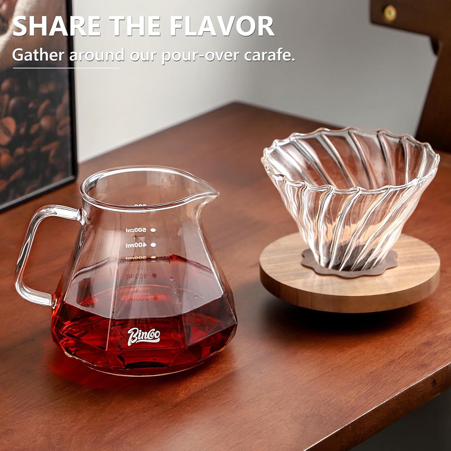 Pour Over Coffee Maker Set - Borosilicate Glass Dripper with Walnut Handle & Glass Lid, 50 pcs V60 Paper Filters Included - 600ml Pour Over Coffee Dripper for Home, Café, & Camping (Transparent)